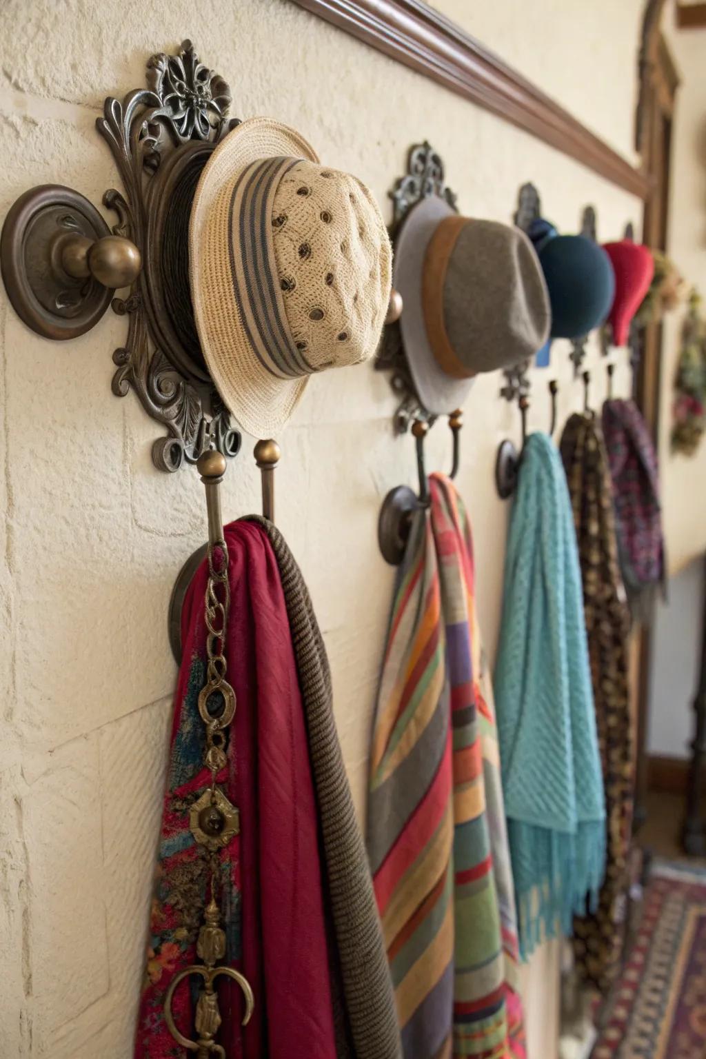 Vintage doorknobs repurposed as charming hooks for accessories.