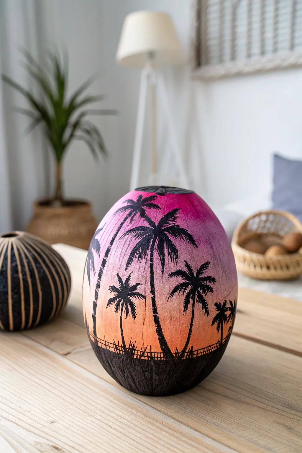 Embrace tropical elegance with handcrafted palm tree silhouettes on a coconut canvas.