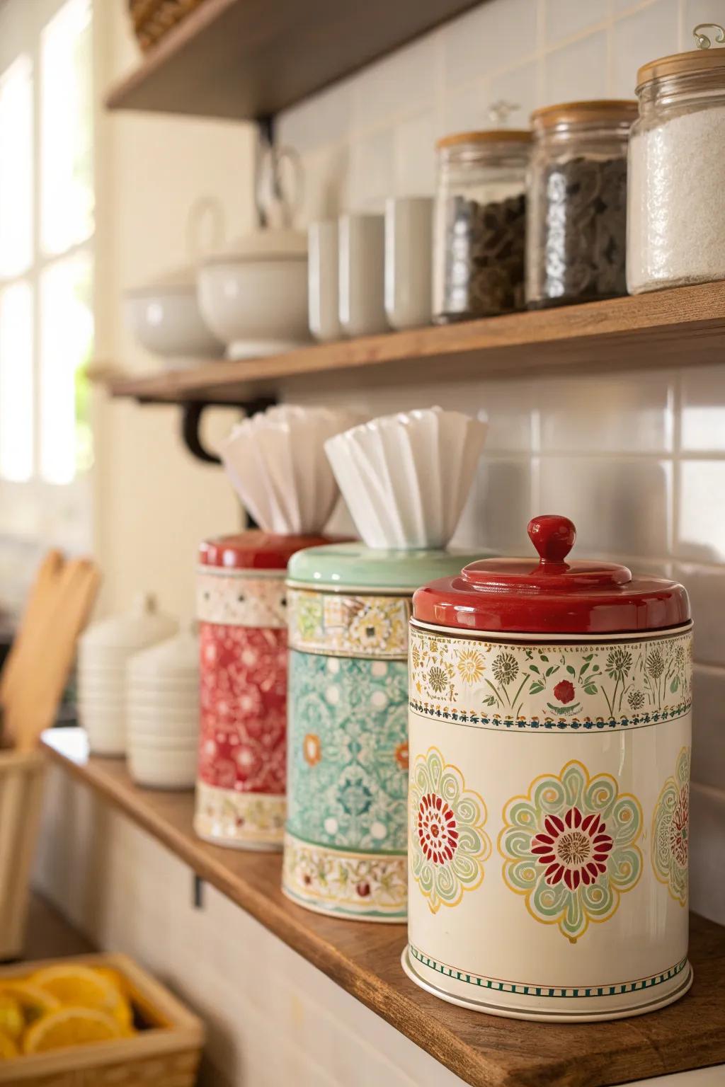 Ceramic canisters offer artisanal elegance to your coffee nook.