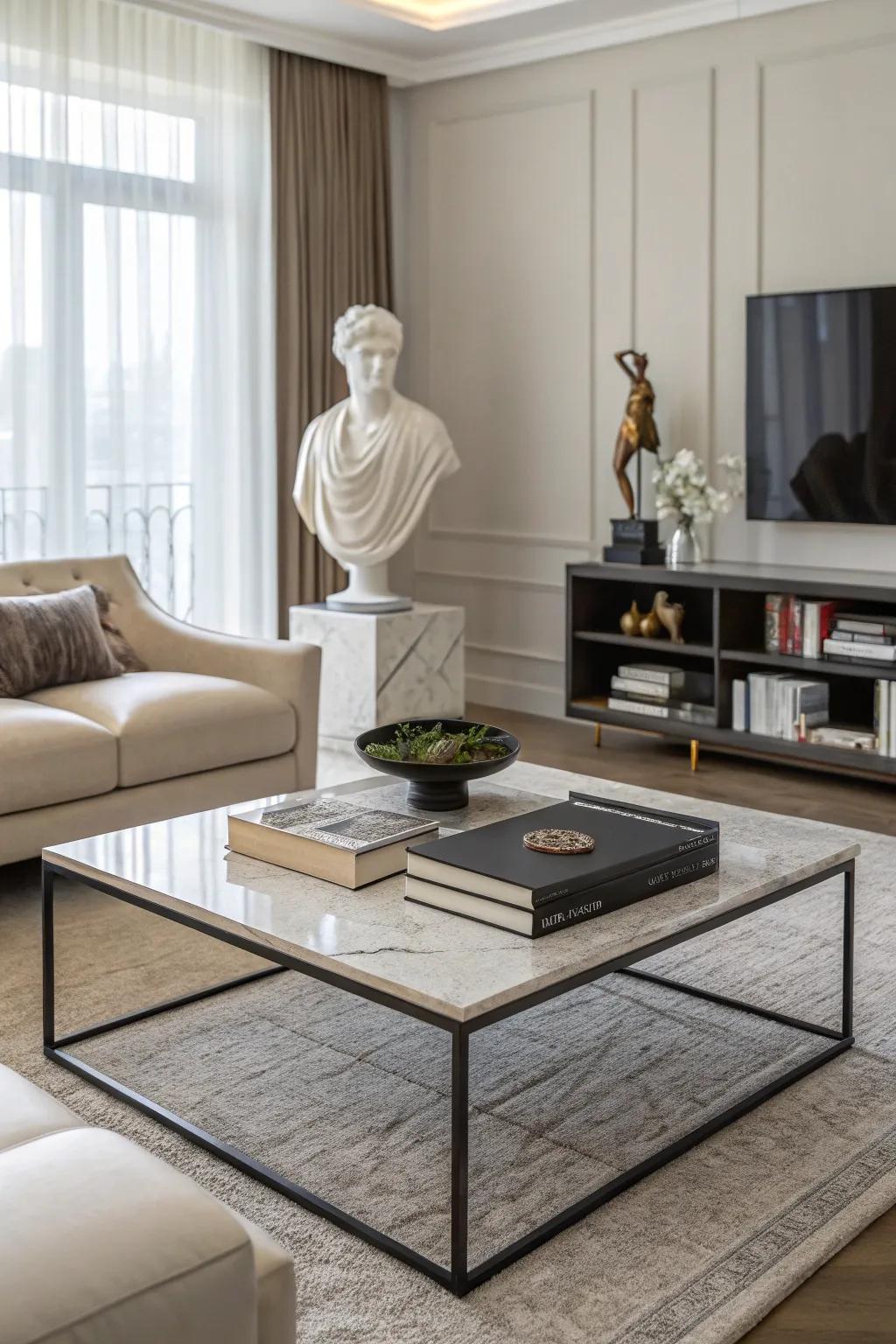 A minimalist coffee table with a single sculpture centerpiece.