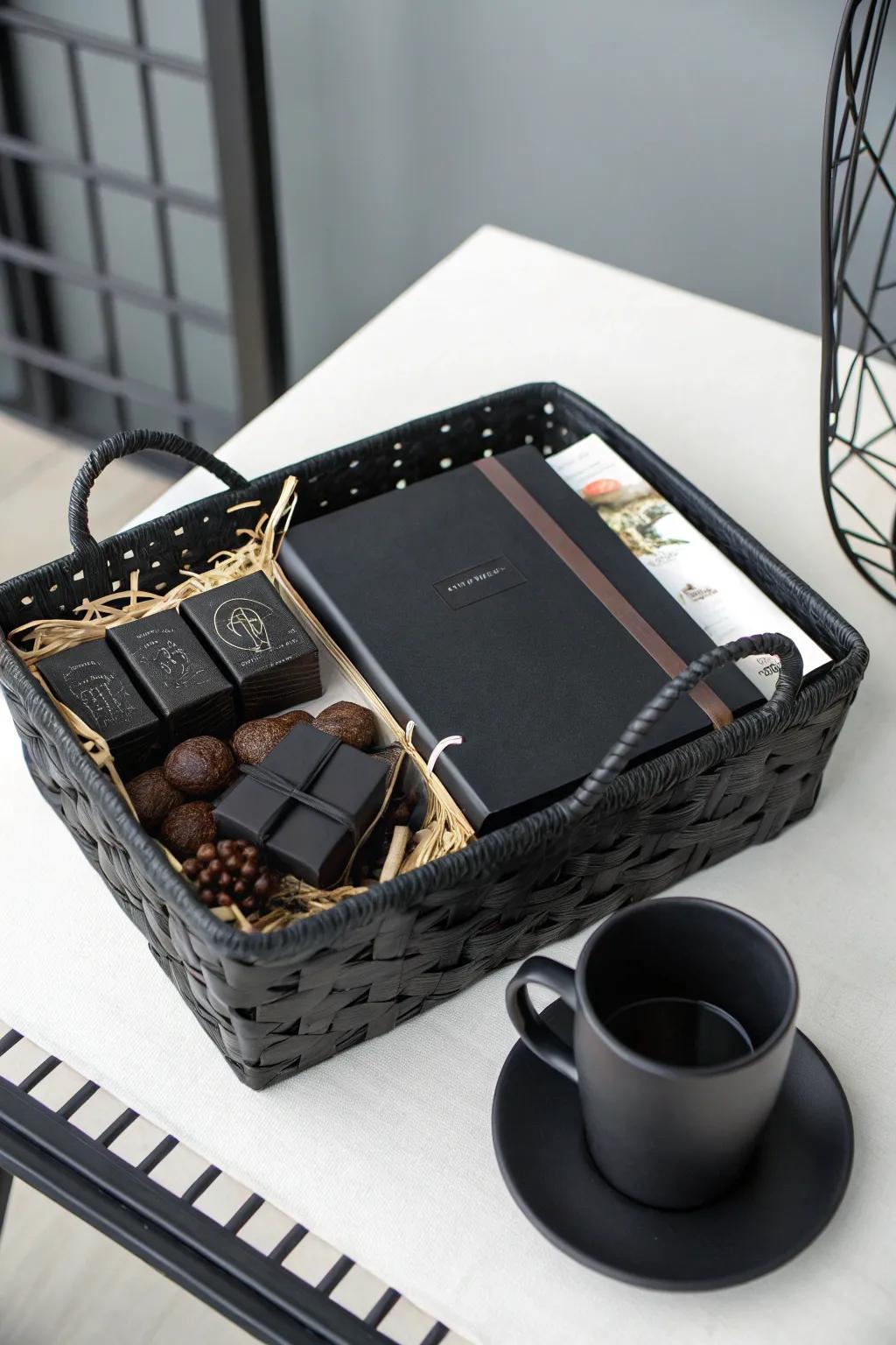 Chic and mysterious black-themed gift basket for an elegant touch.