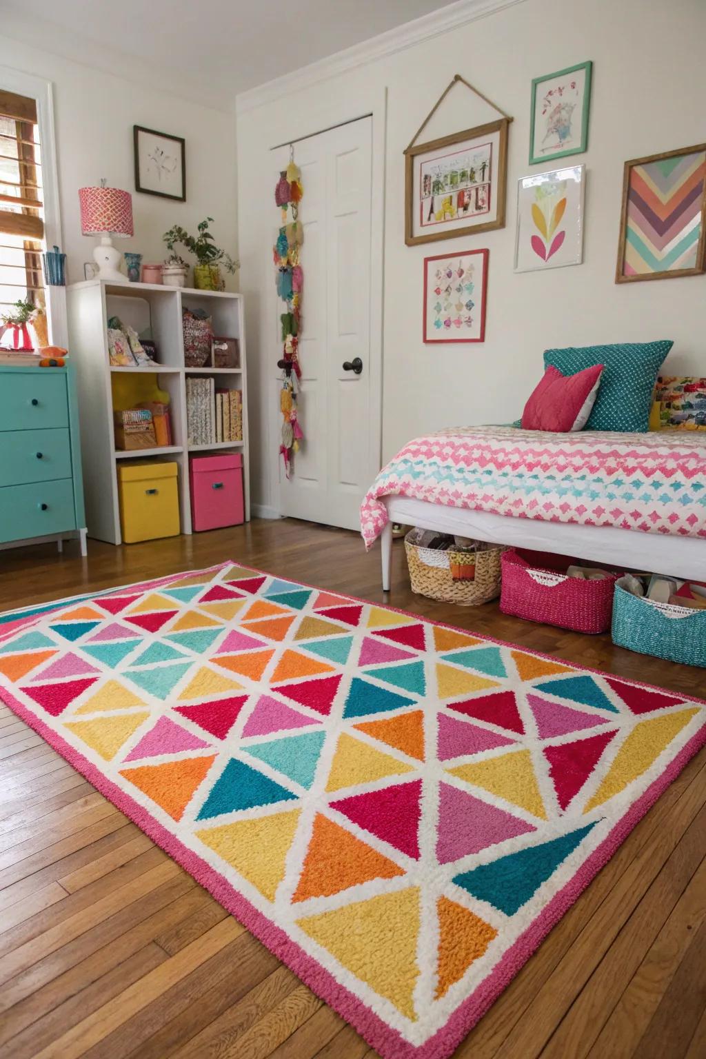 A vibrant geometric area rug adds warmth and character to this girls' room.