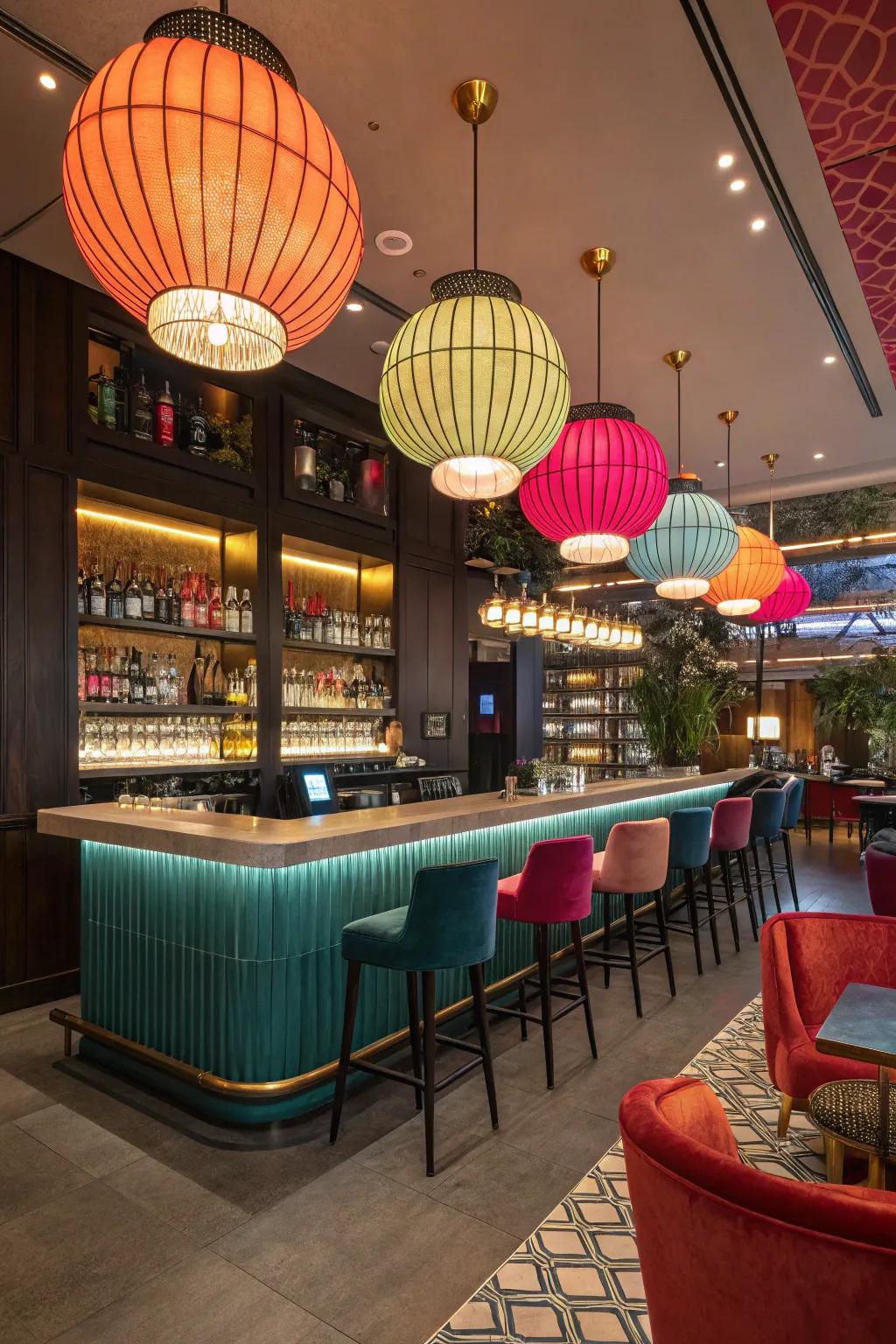 A salon bar illuminated by bold pendant lights, enhancing its charm.