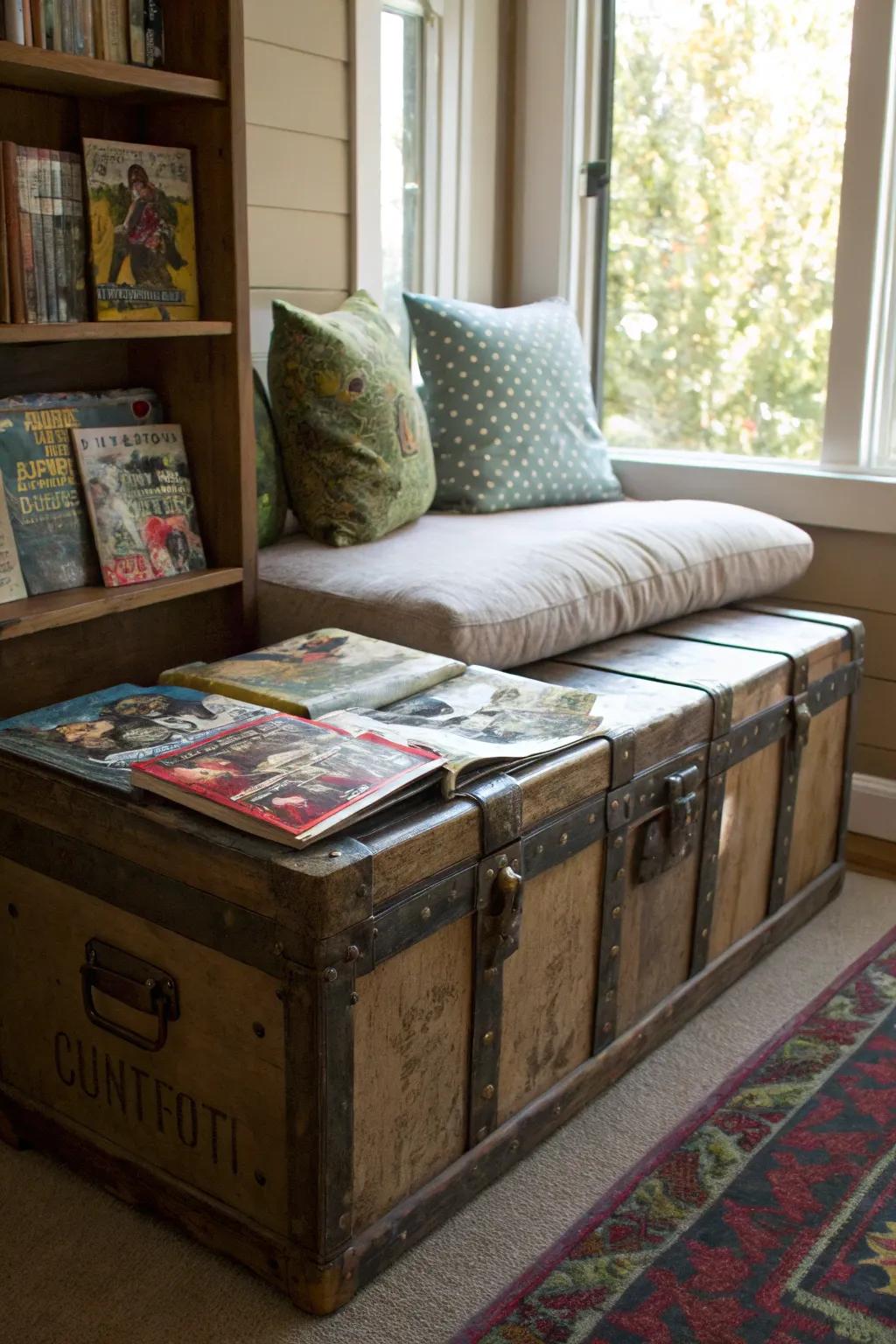 Repurposed trunks make for stylish and functional comic storage.