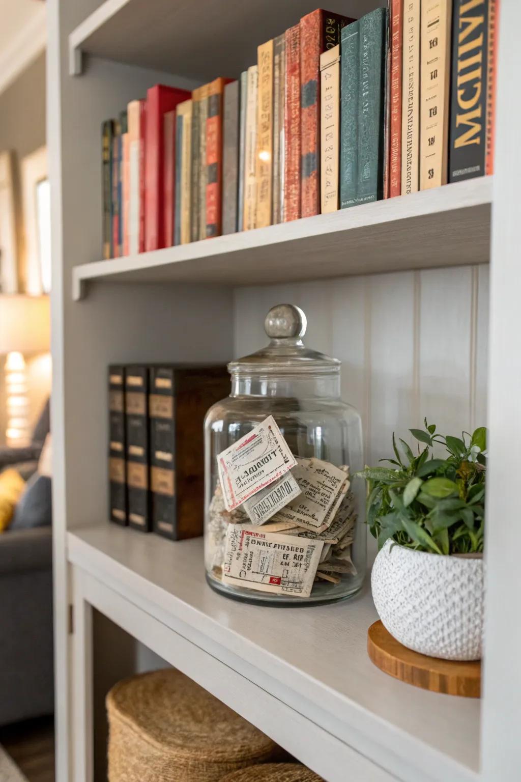 A memory jar filled with concert tickets on a bookshelf.