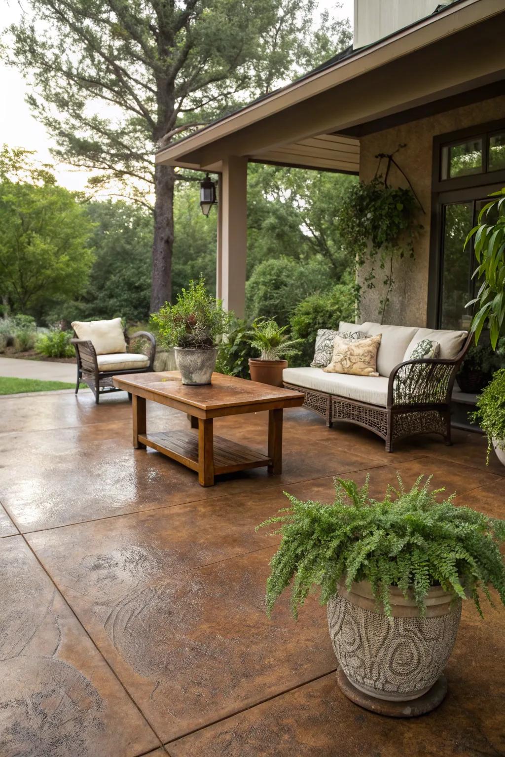 A stained concrete patio offers a classic, high-end appearance.