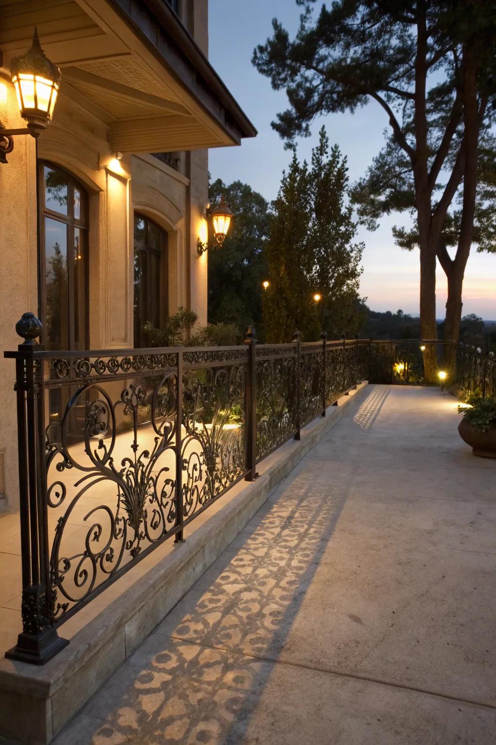 Wrought iron railings add timeless elegance to concrete patios.