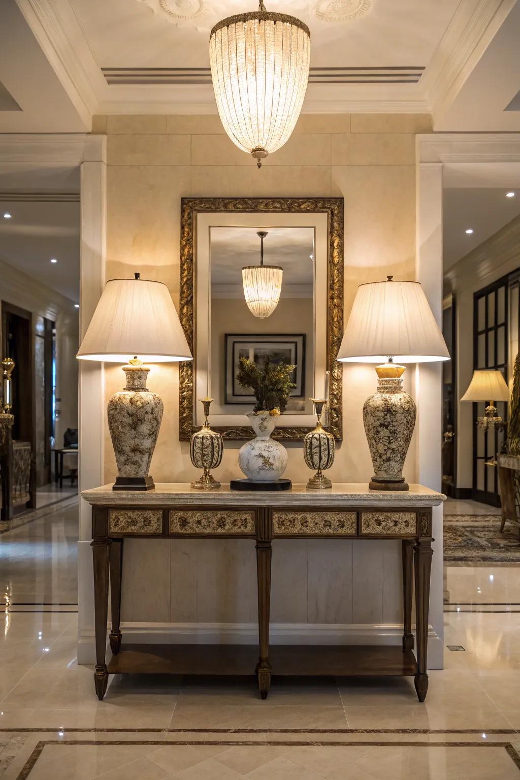 Symmetrical lamps create balance on this console table.