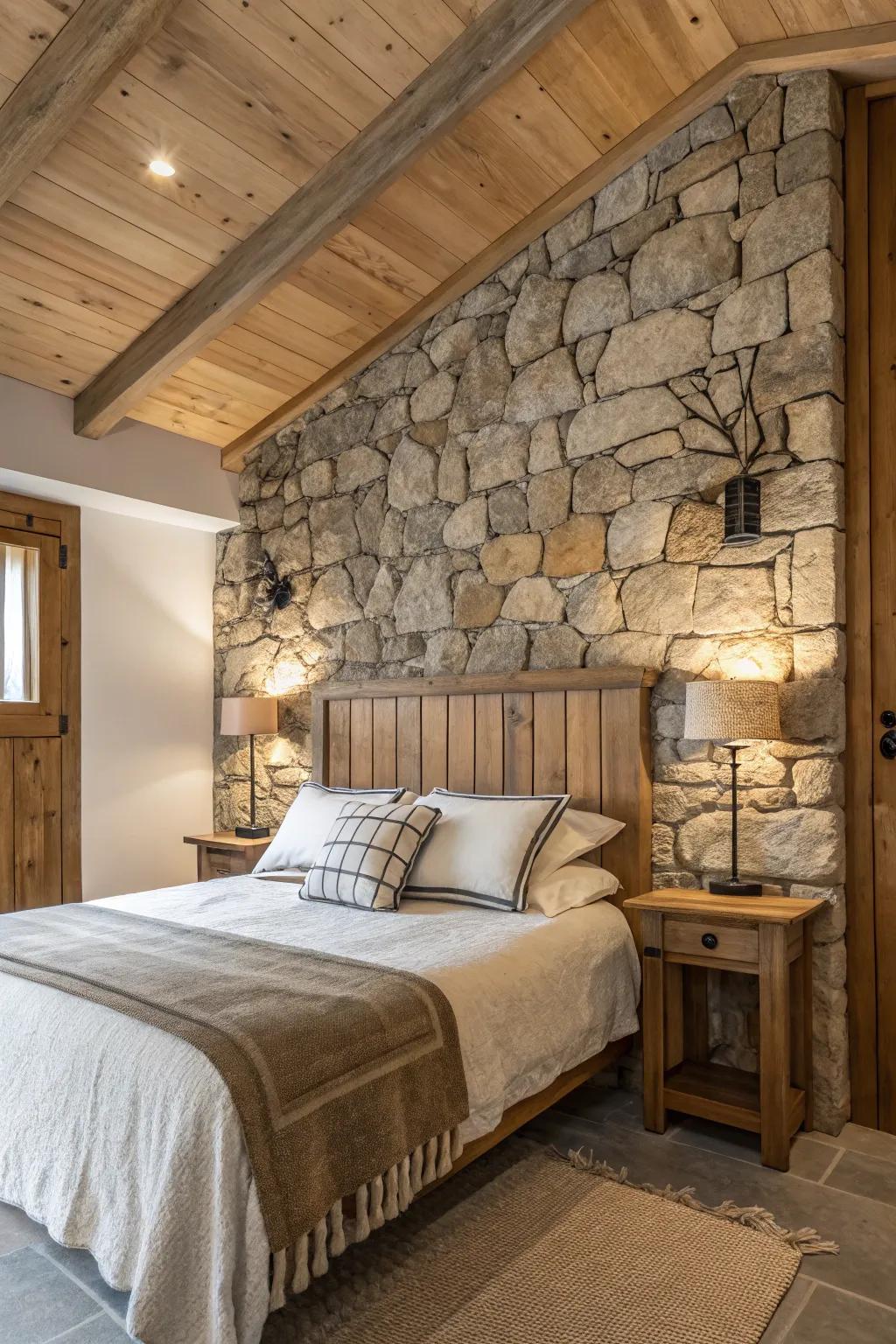 Natural textures like wood and stone add warmth to a bedroom.