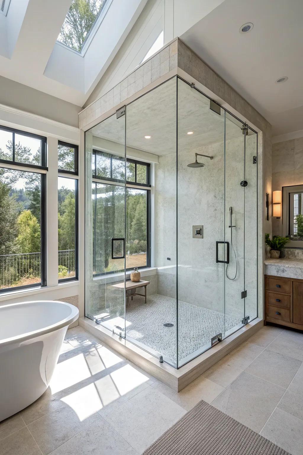 A modern walk-in shower with glass panels.