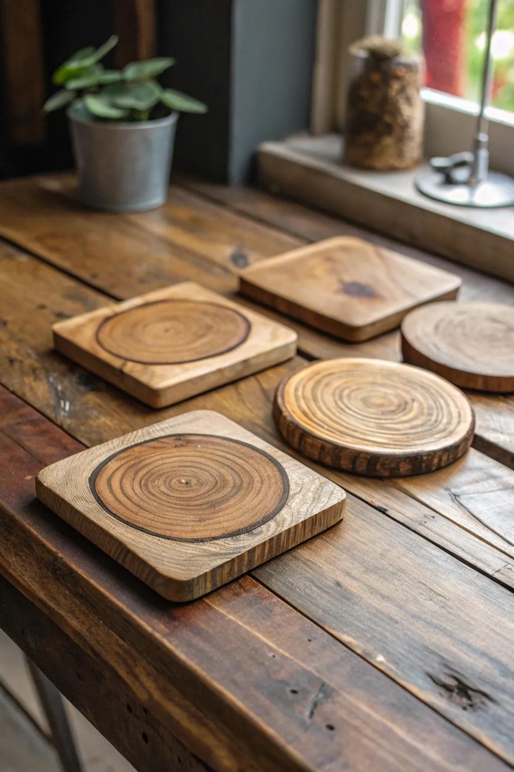 Handcrafted wooden coasters with unique grain patterns on a rustic table.