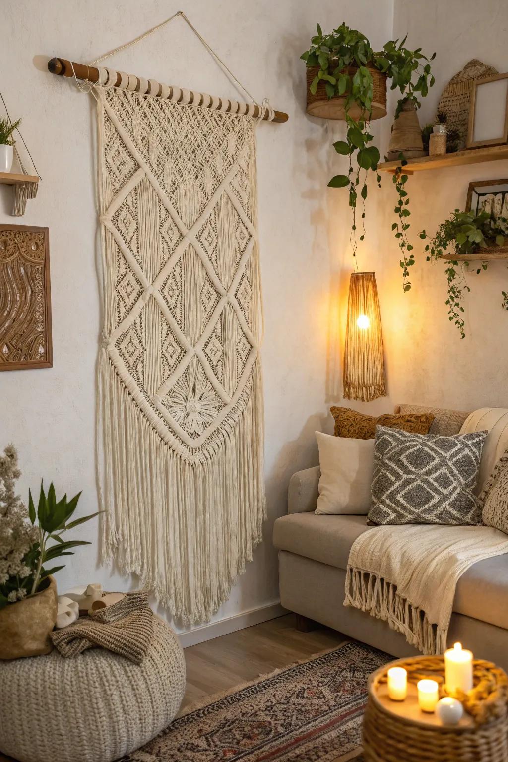 A stylish macrame wall hanging that adds texture to any space.