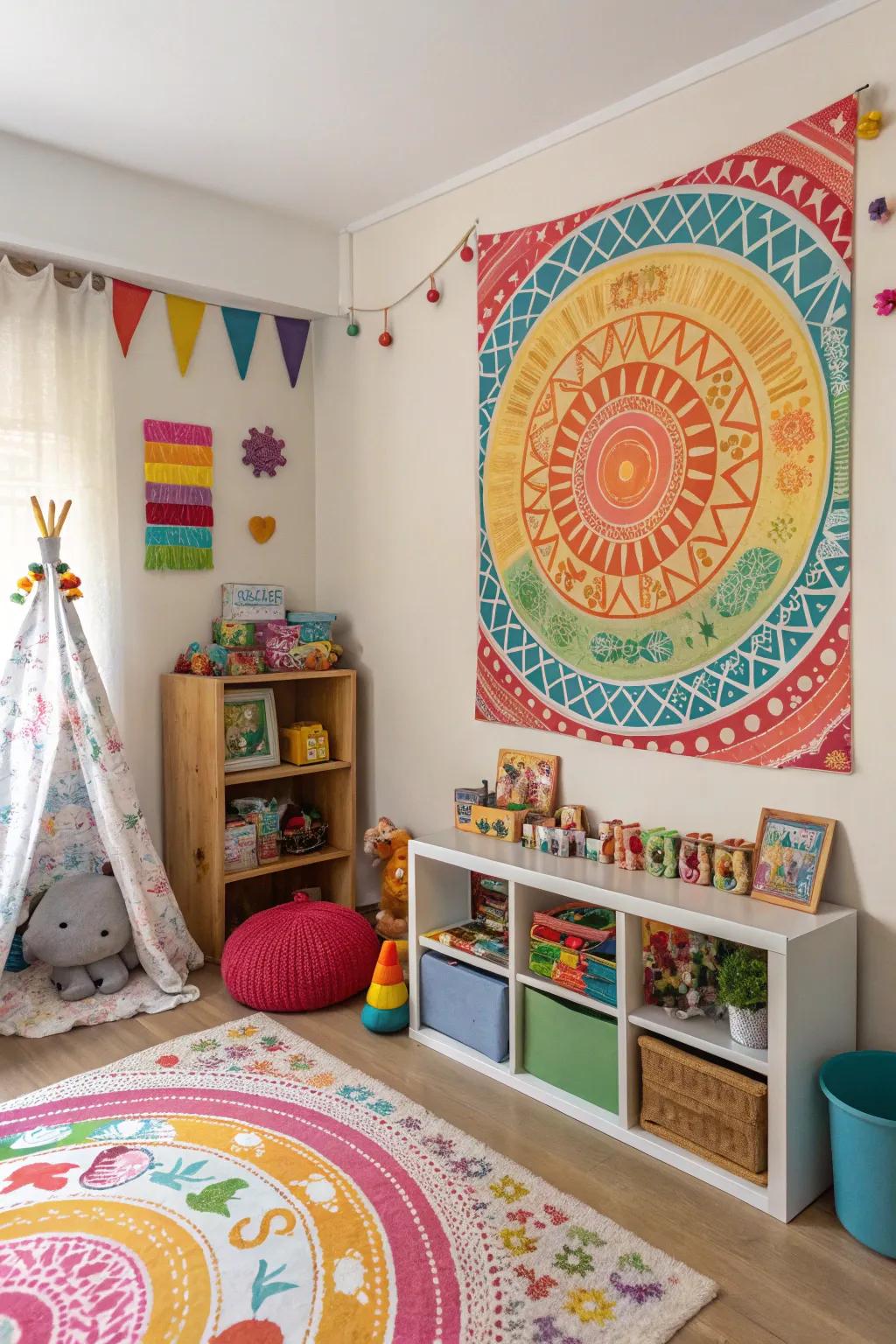 A tapestry adds warmth and texture to a child's room.