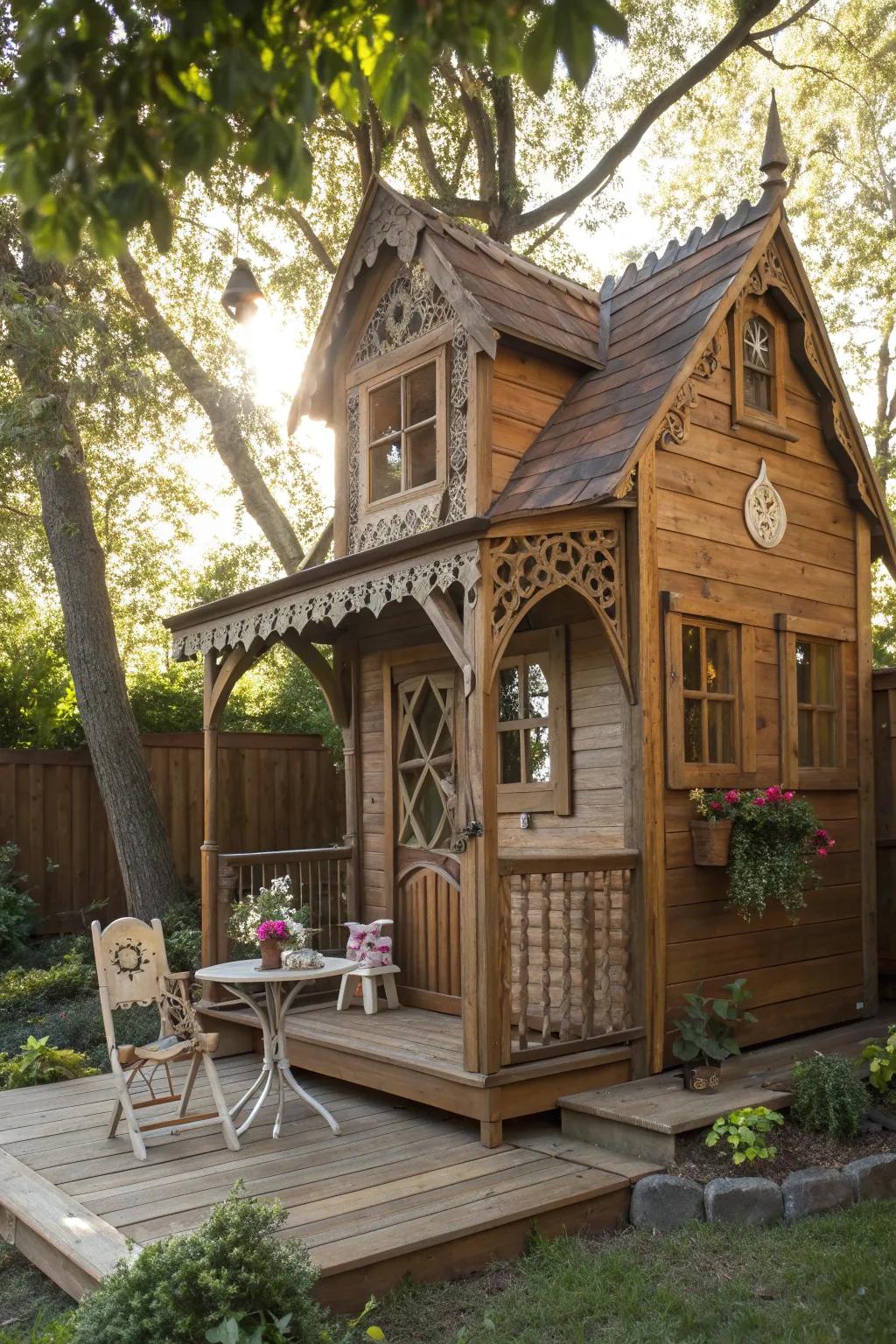 Step into a world of imagination with this beautifully crafted playhouse porch, where every detail invites endless adventures.