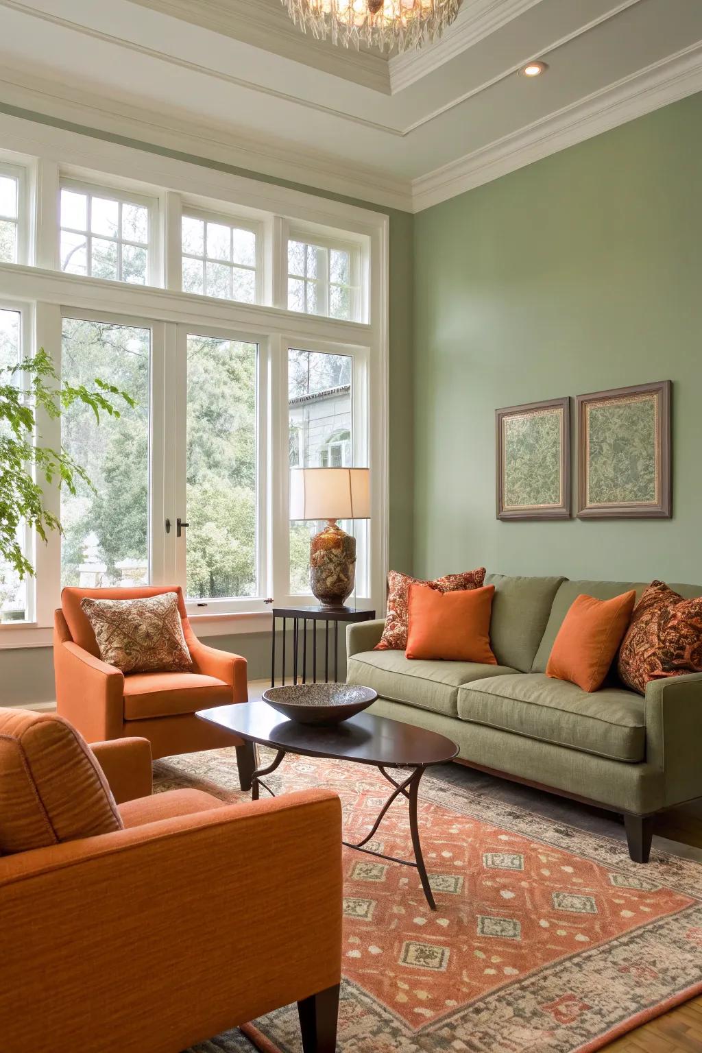 A lively living room with sage green and orange accents.