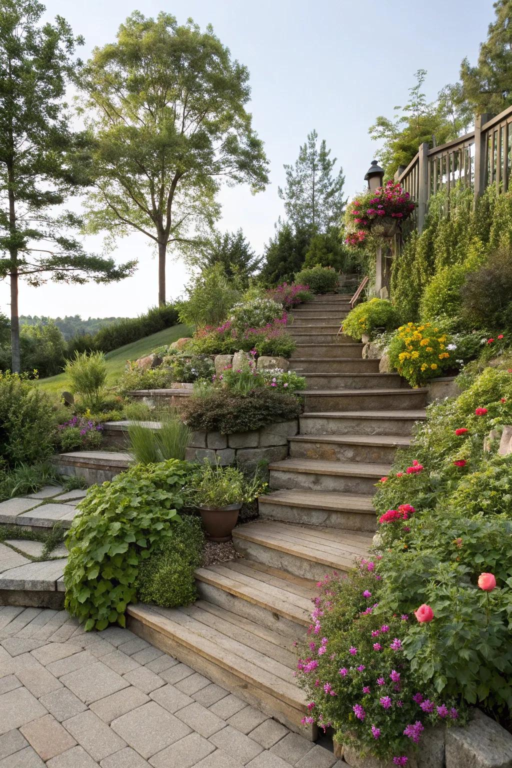 Integrate stairs with nature for a harmonious look.