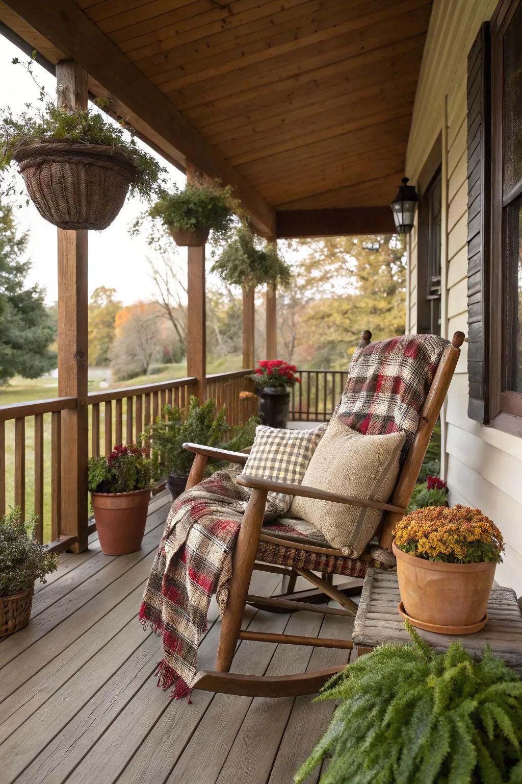 Transform your porch with cozy plaid textiles.