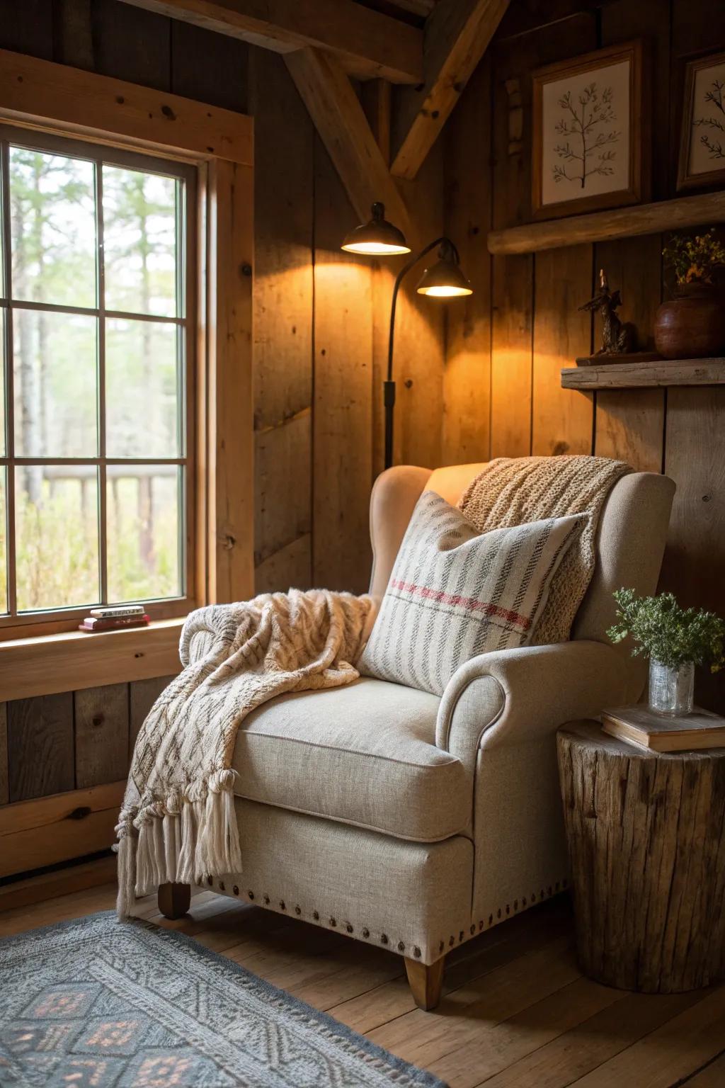 A cozy reading nook with layers of comfort in a country living room.