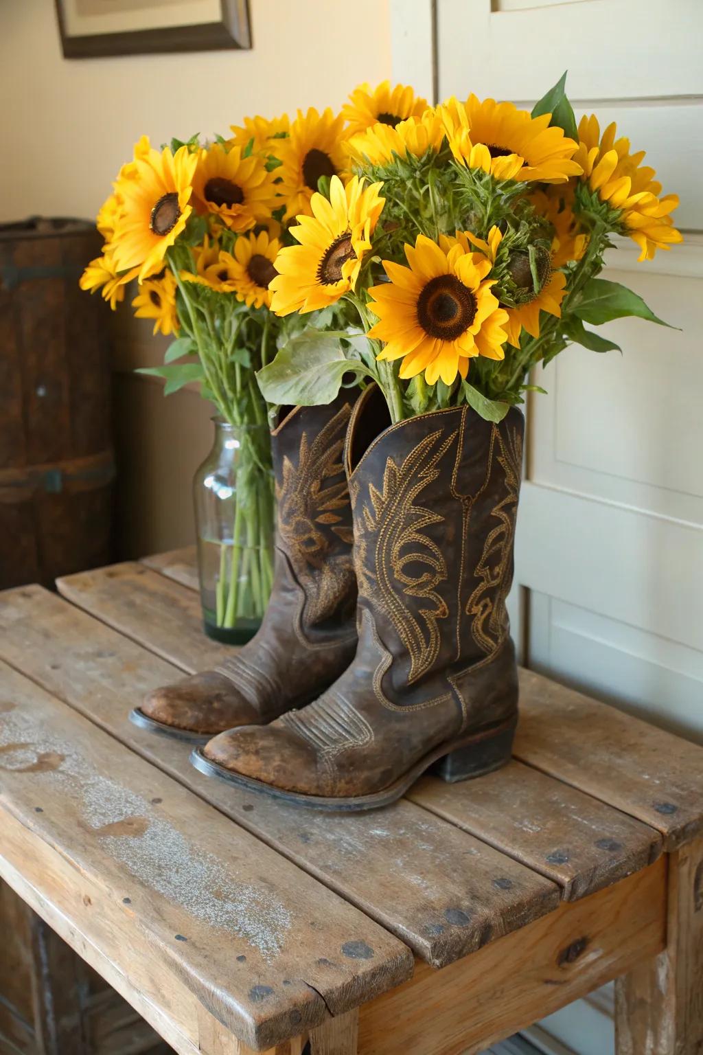 Cowgirl boots make for delightful and unconventional vases.