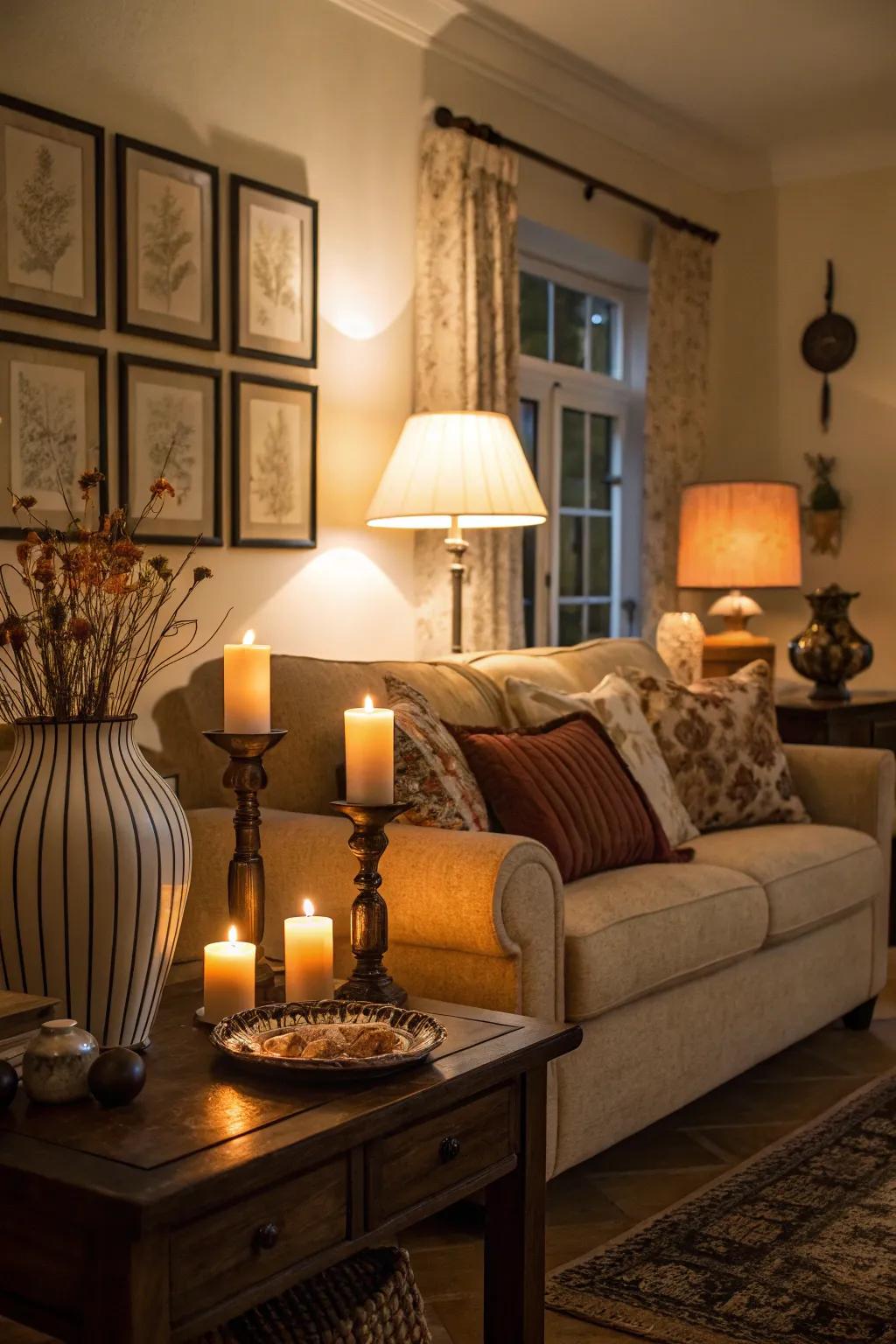 Warm lighting transforms a living room into a cozy haven.