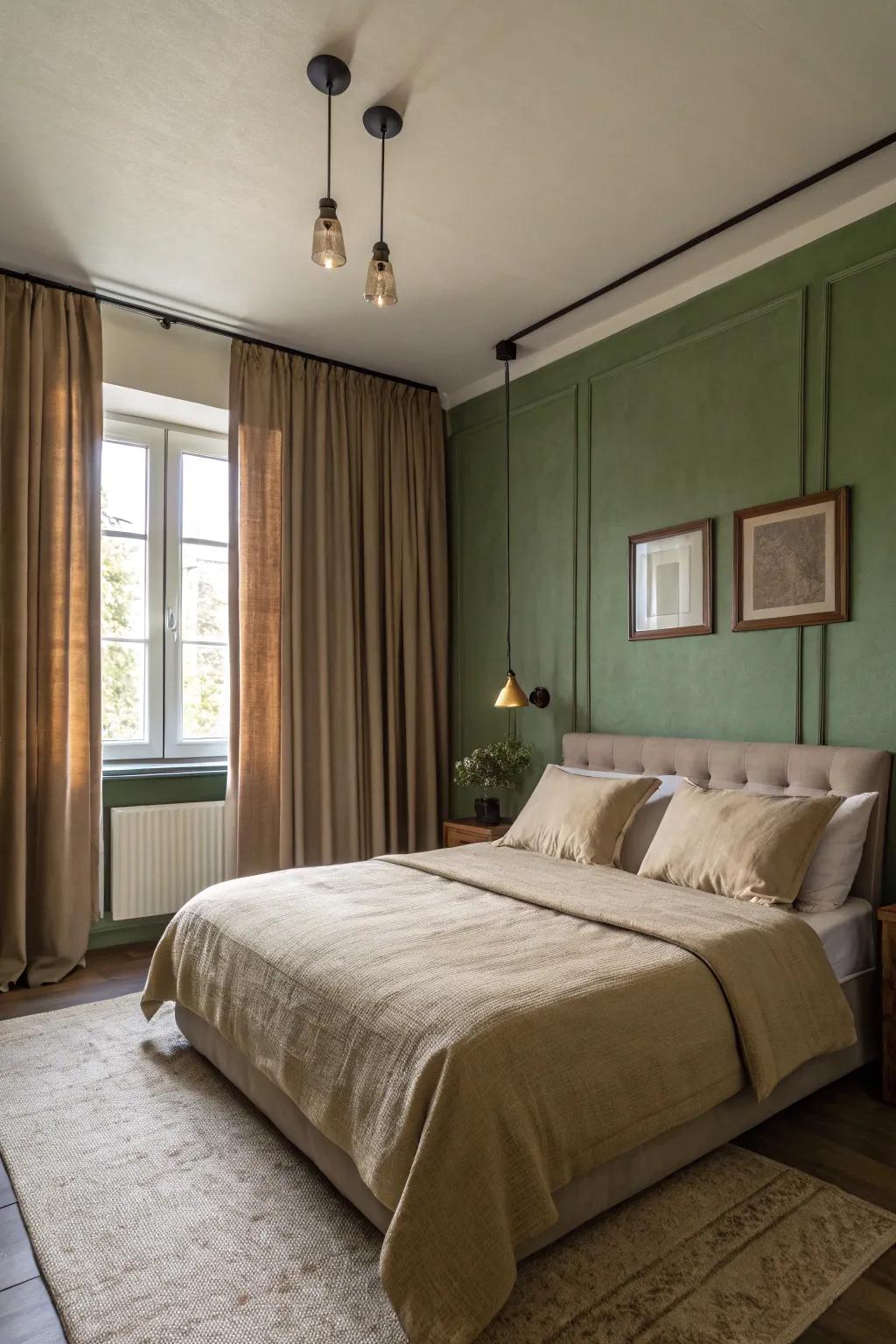 Warm neutrals paired with olive green create a harmonious bedroom palette.