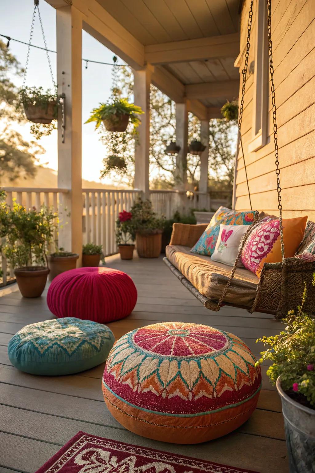 Pillows and poufs add comfort and style to your porch.