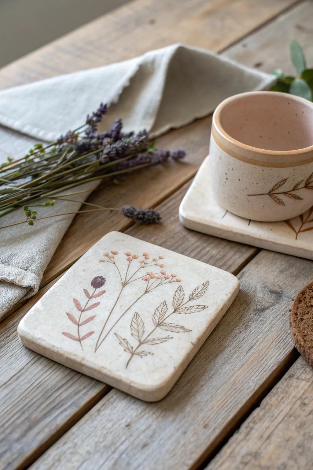 Elevate your gift-giving with personalized coasters that blend minimalist charm with a touch of nature.