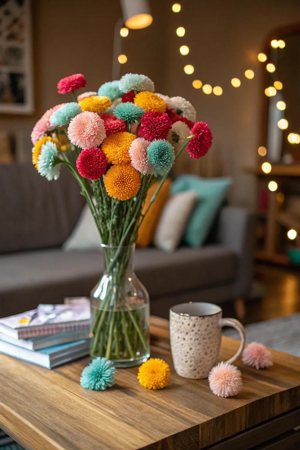 A vase of vibrant pom pom yarn flowers adds a pop of color to any room.