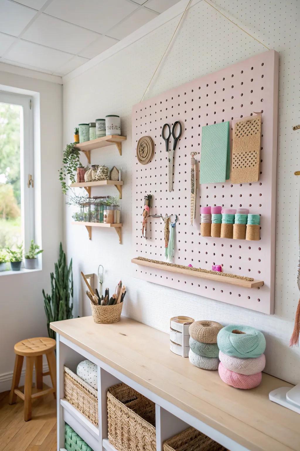 Transform your craft space with a chic DIY pegboard wall—where style meets organization!