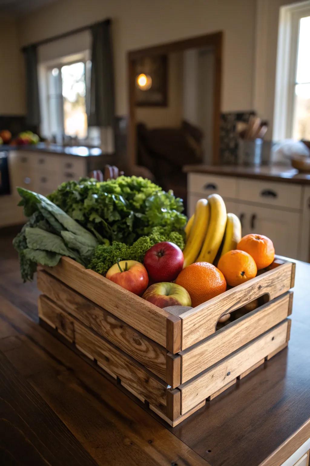 Elevate your kitchen style with a rustic fruit organizer - the perfect blend of function and farmhouse charm.