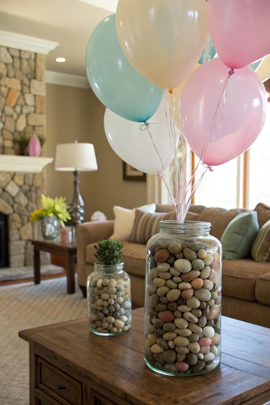 Rustic stone jars filled with pebbles serve as natural balloon weights.