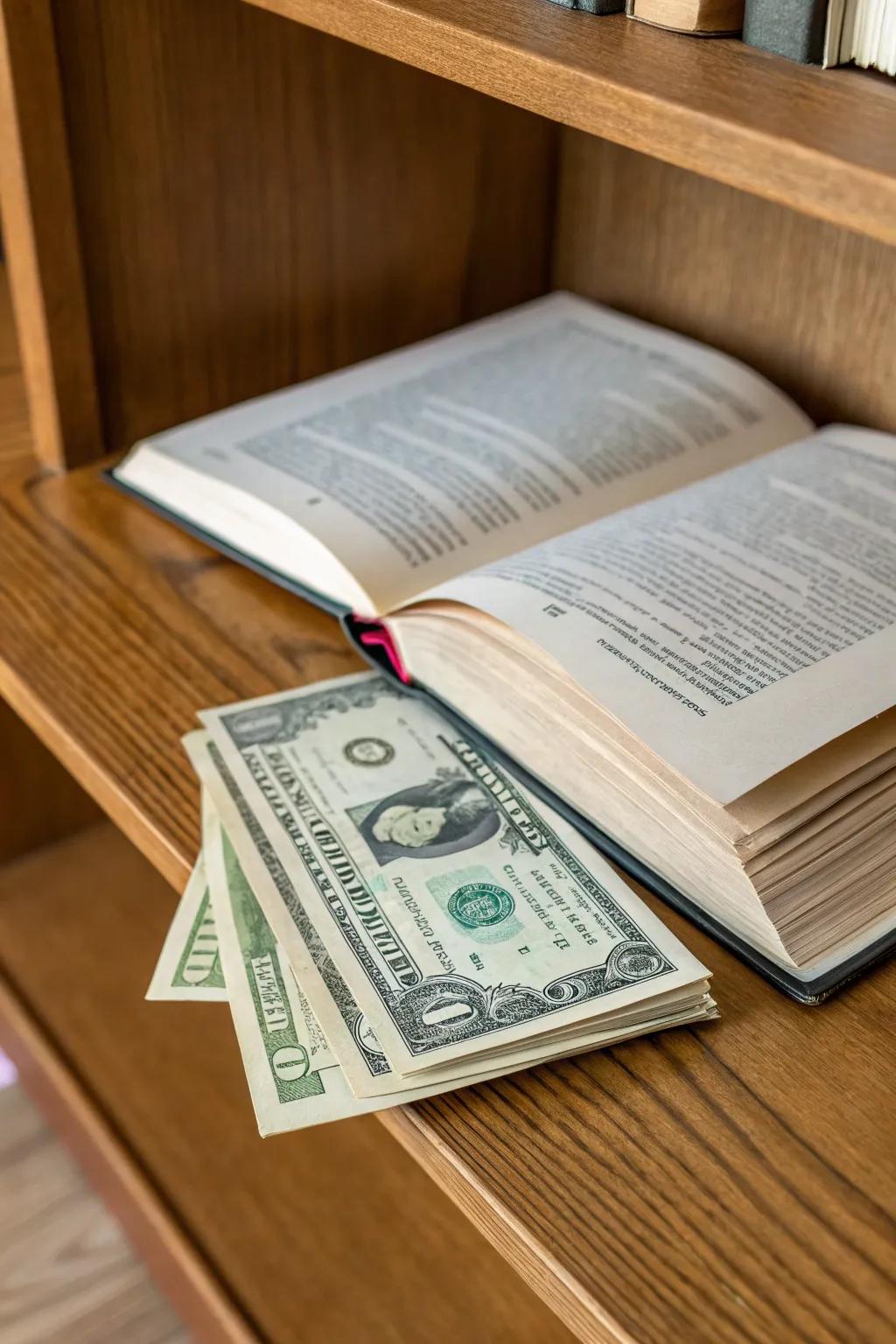 A hardcover book hiding a cash surprise within its pages.