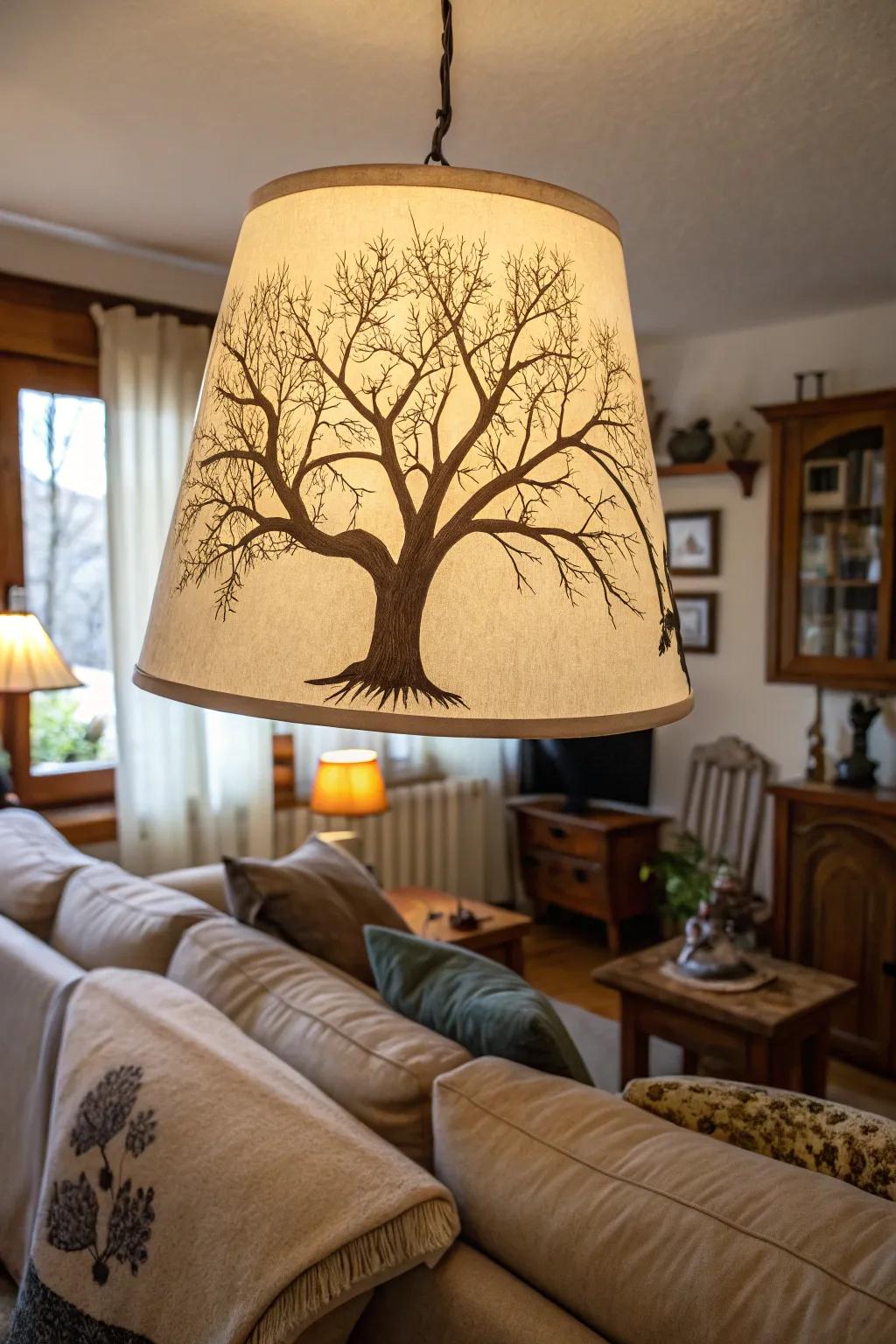 A hand-painted tree silhouette on a lamp shade, casting beautiful shadows.