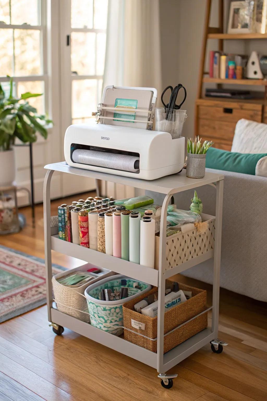 A mobile cart offers versatility and easy storage for your crafting essentials.