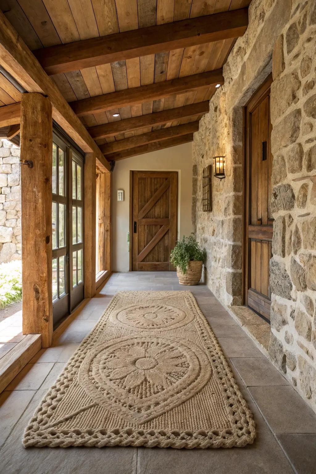 A natural jute crochet rug in a rustic entryway.