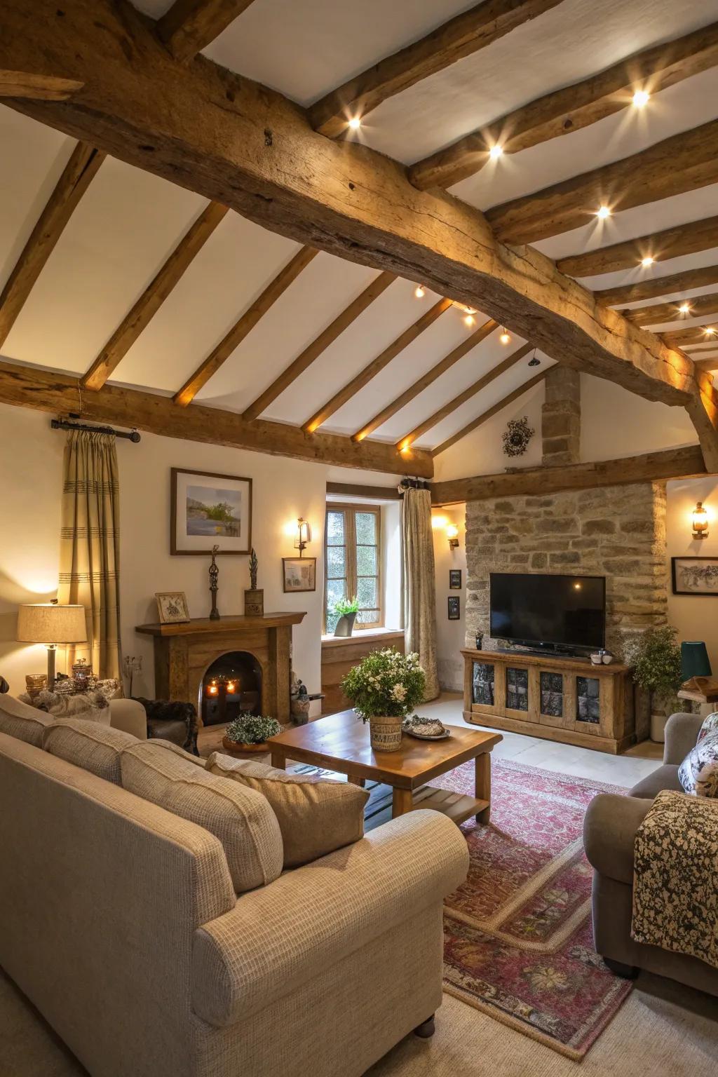 Wooden beams bring rustic charm as an alternative to crown molding.