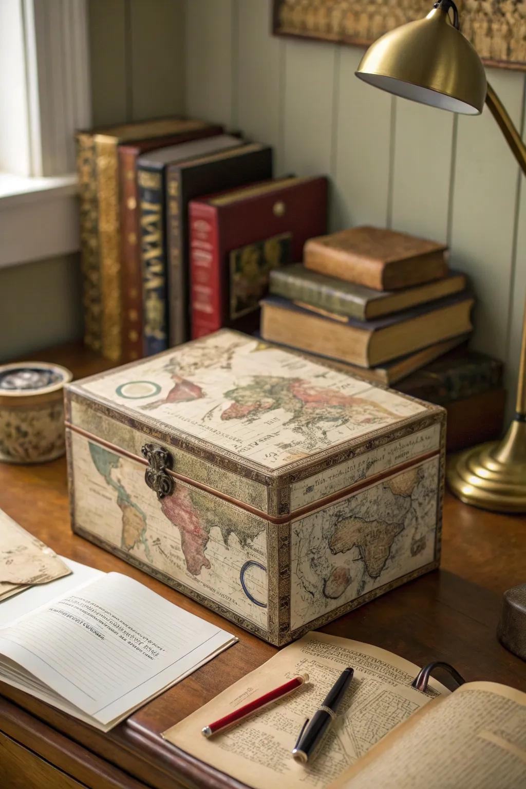 A vintage map decoupage box on a study desk.