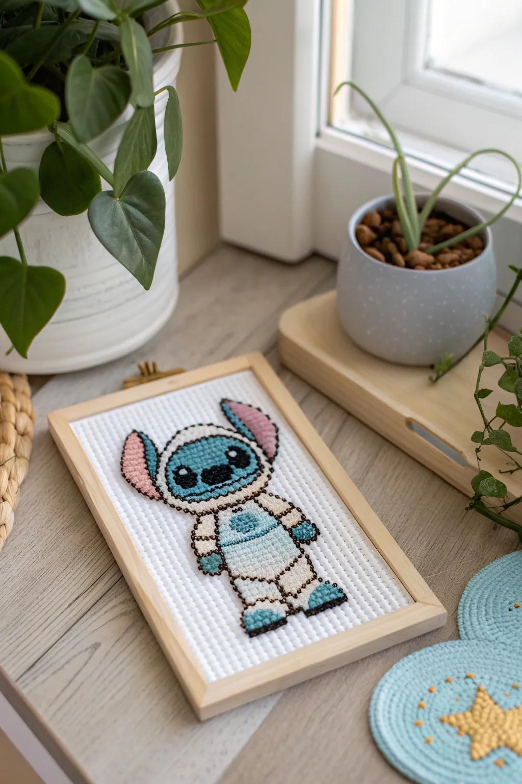 Out-of-this-world charm: Stitch dons a spacesuit in this delightful perler bead creation, perfect for fans of minimalist and Boho design.