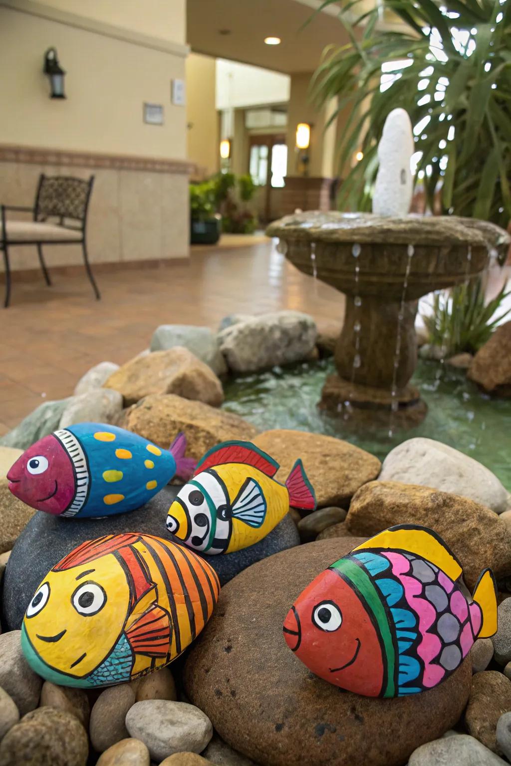 Make a splash with colorful fish rocks in your home decor.