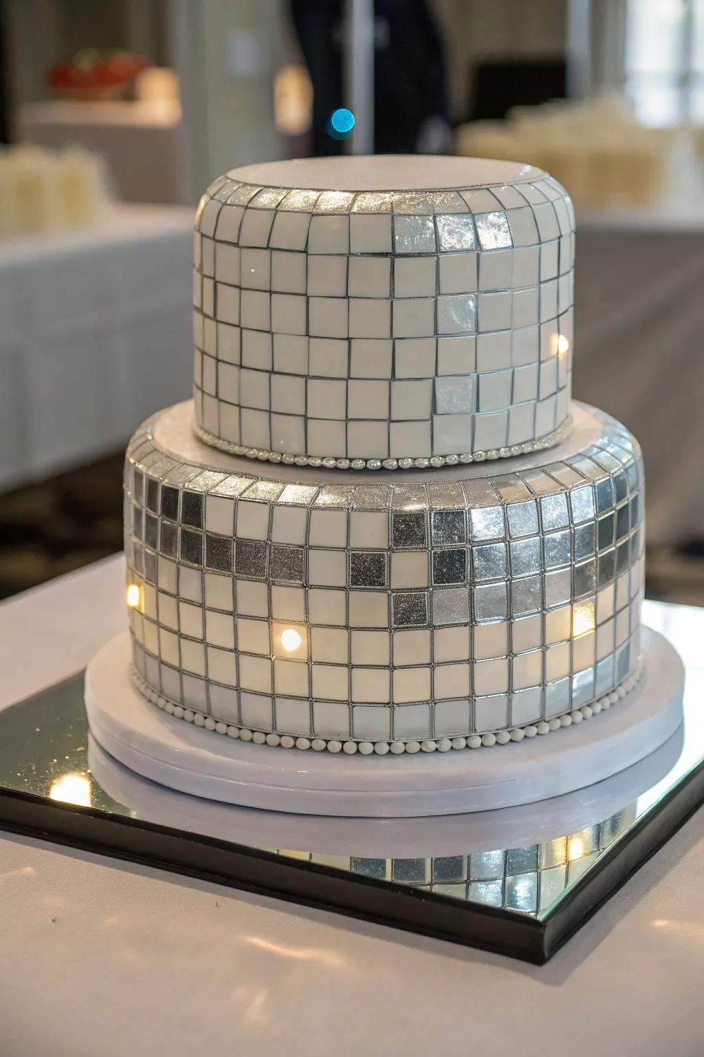 A cake designed like a dance floor with fondant tiles.