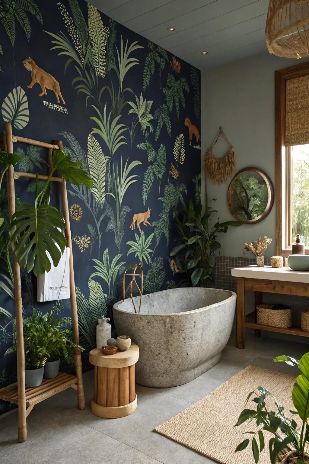 A jungle-themed wallpaper can create an exotic bathroom retreat.