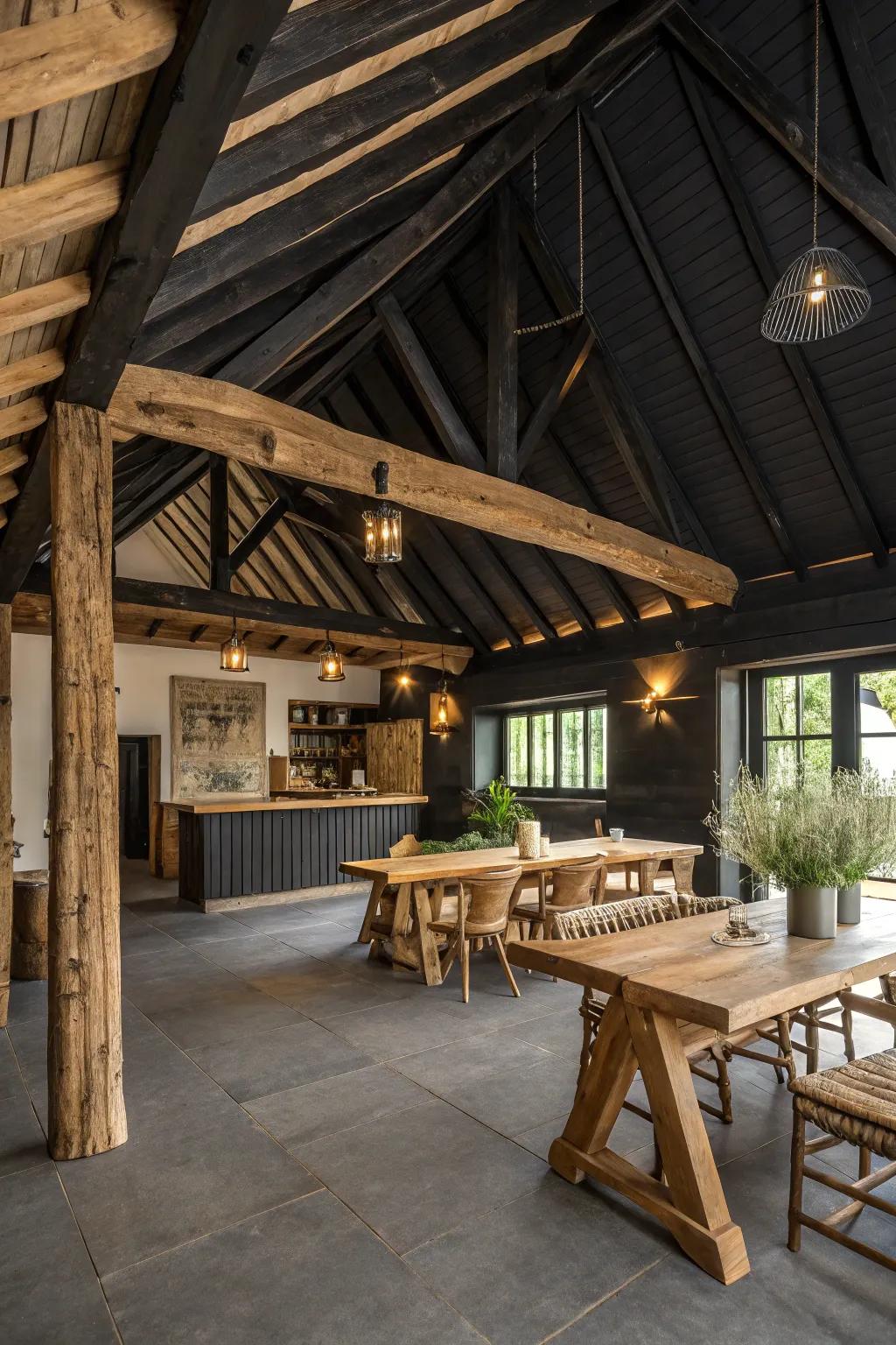 A rustic room with a black ceiling and exposed beams, creating a dramatic yet warm atmosphere.