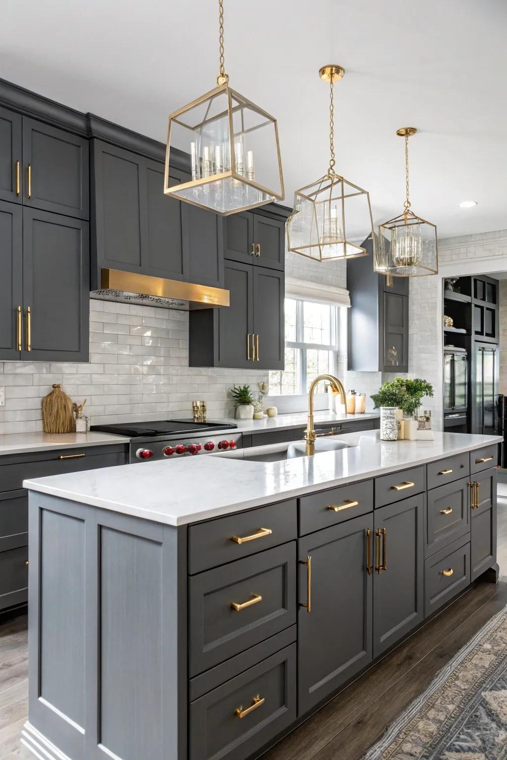 Metallic touches add a layer of sophistication to dark gray cabinets.