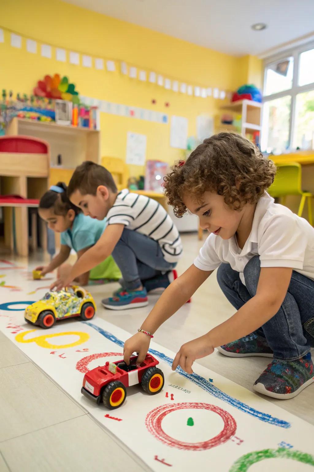 Toy cars become paintbrushes in this creative activity.