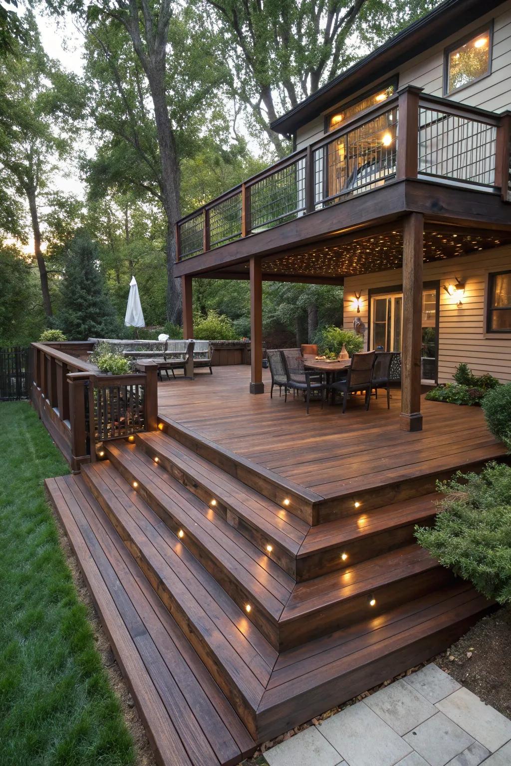 Elevate your outdoor space with a stunning multi-level deck that combines craftsmanship with nature's beauty.