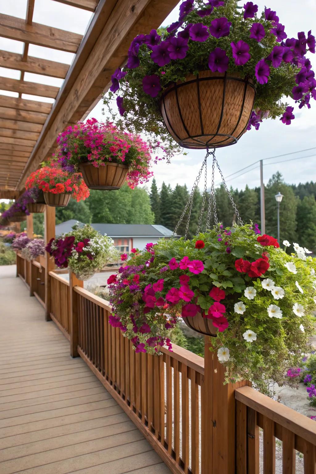 Hanging baskets bring color and depth to your deck.