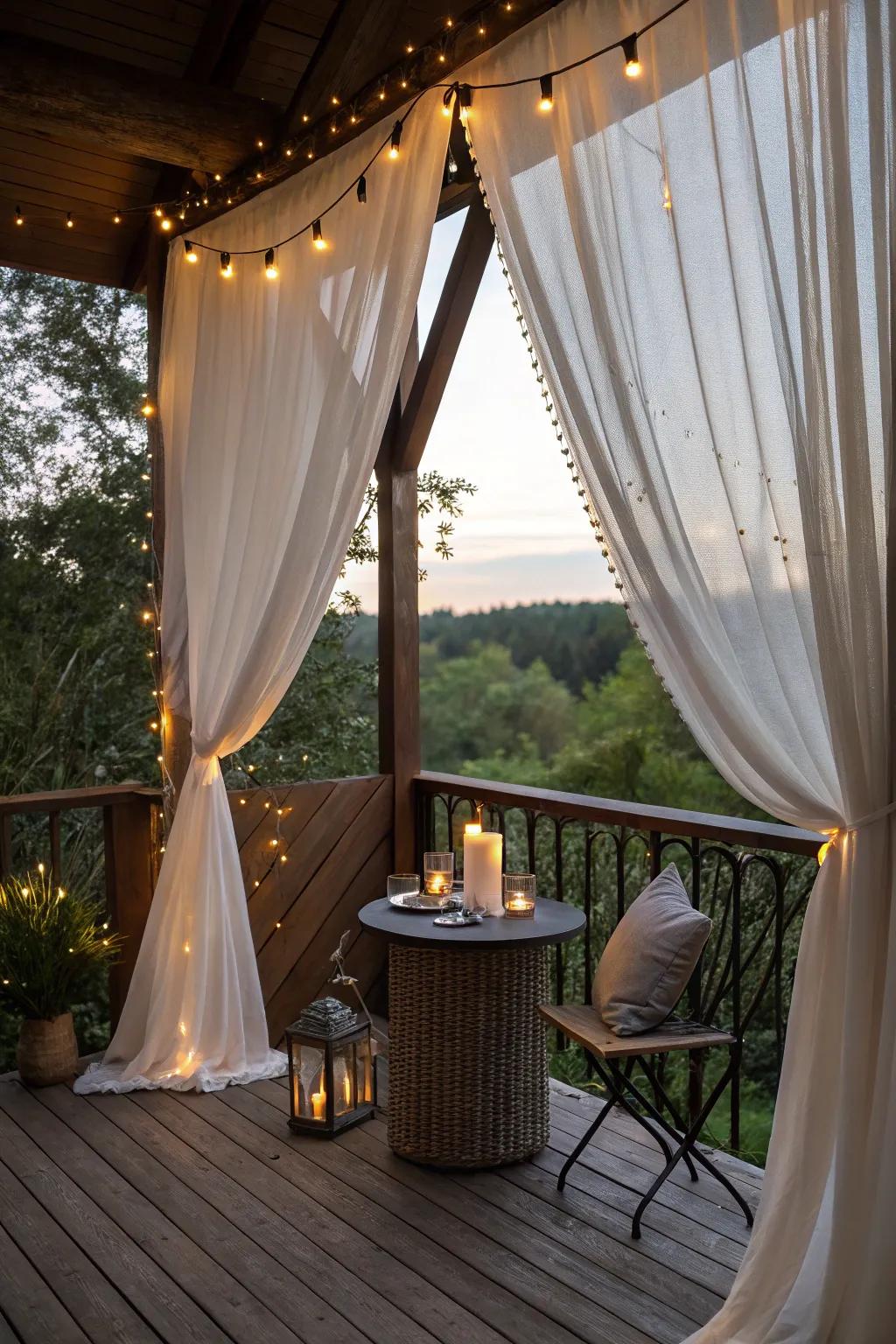 Flowing curtains provide privacy and a romantic touch to this cozy deck.