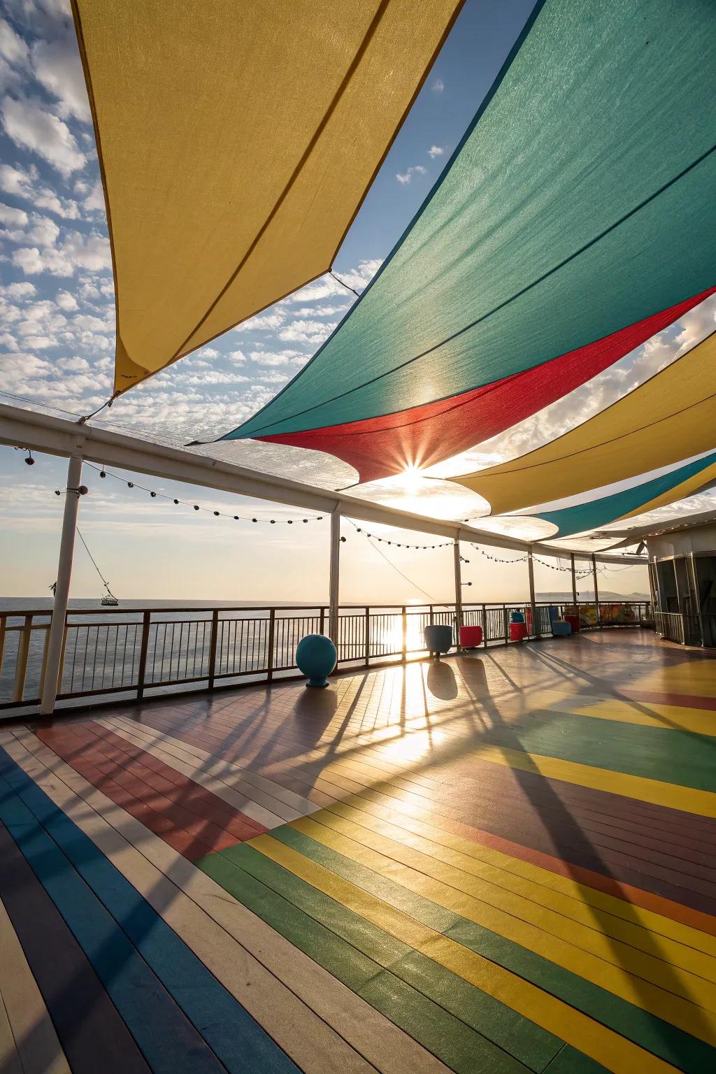 Shade sails add a pop of color and effective wind resistance.