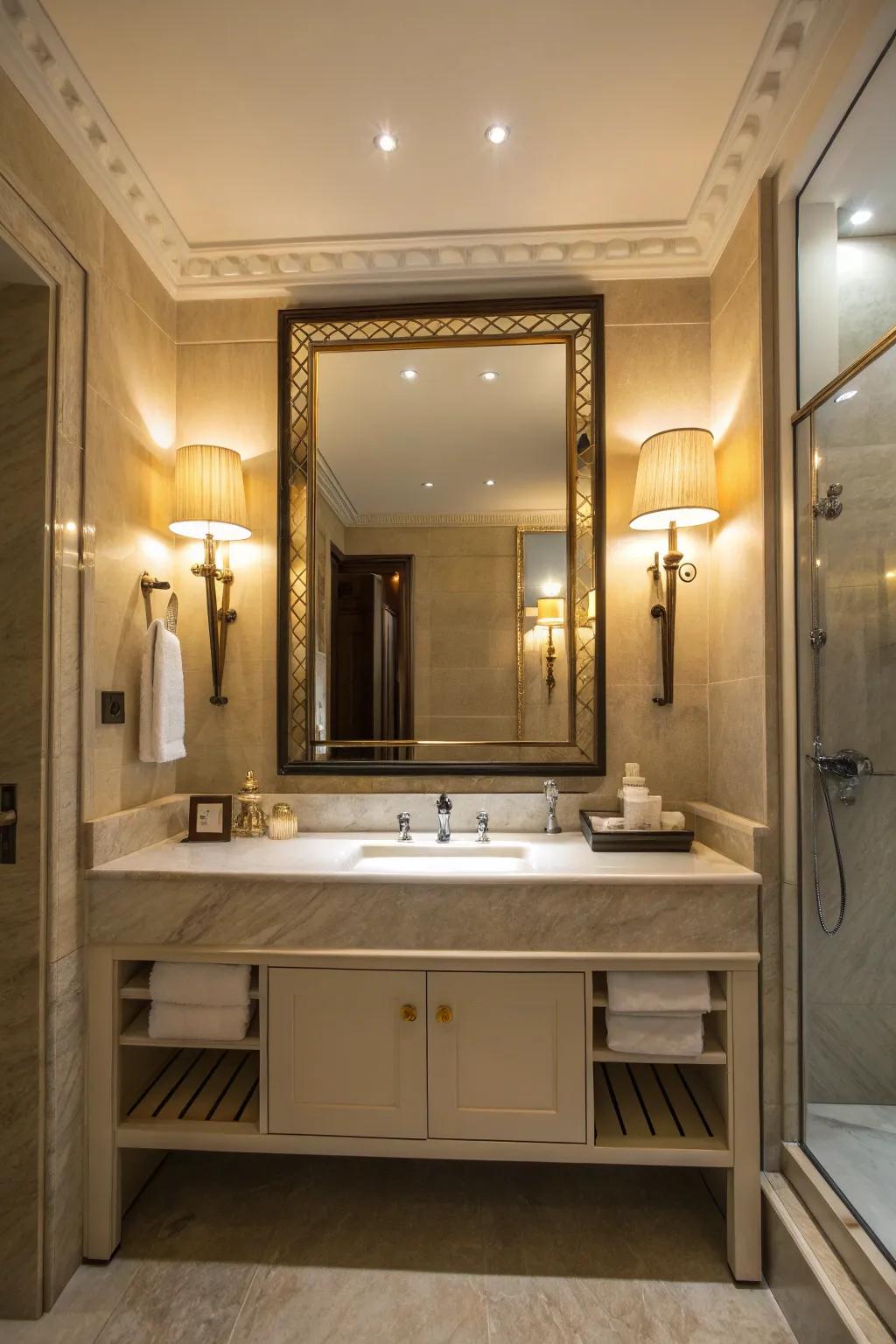 A statement mirror doubles as an art piece in this bathroom.