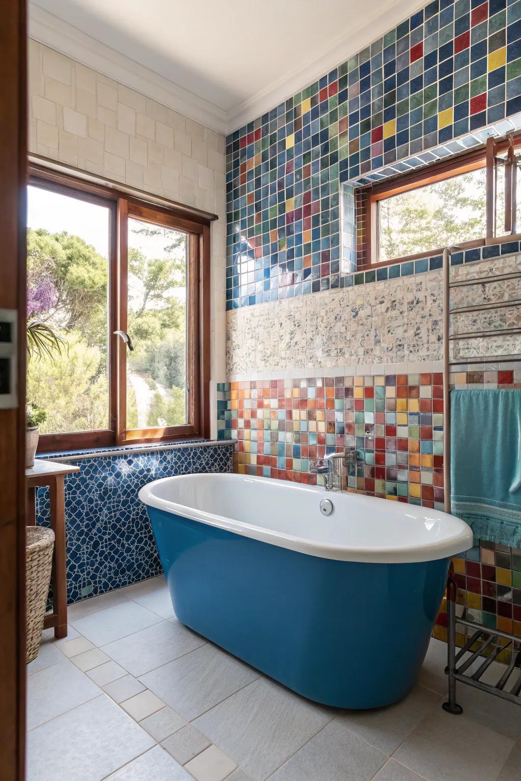 Bold tile patterns add a dynamic touch to the area around a blue bathtub.